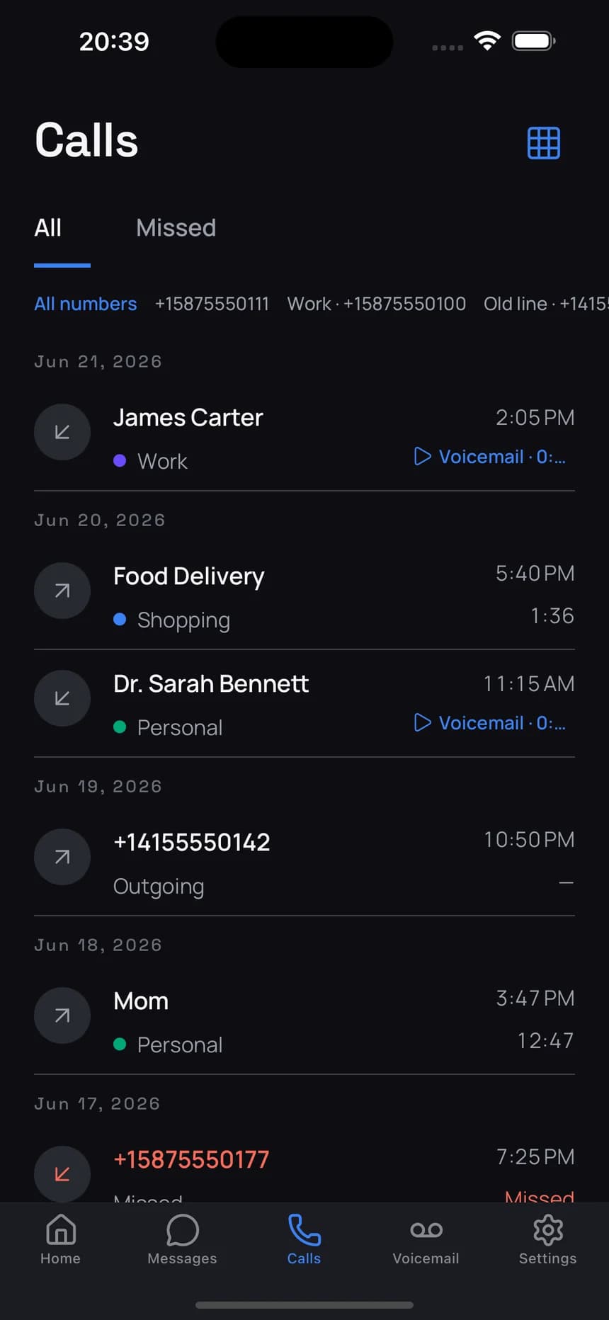 Call history filtered by line