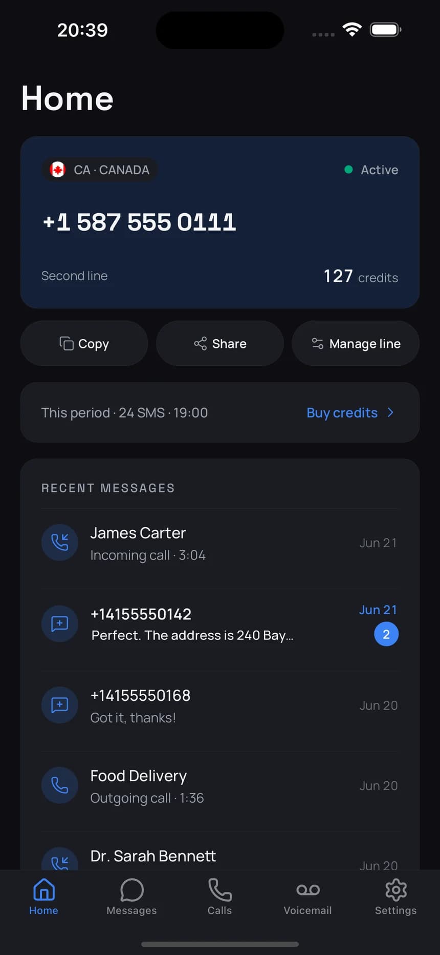 Second Phone Number home screen showing an active Canadian number