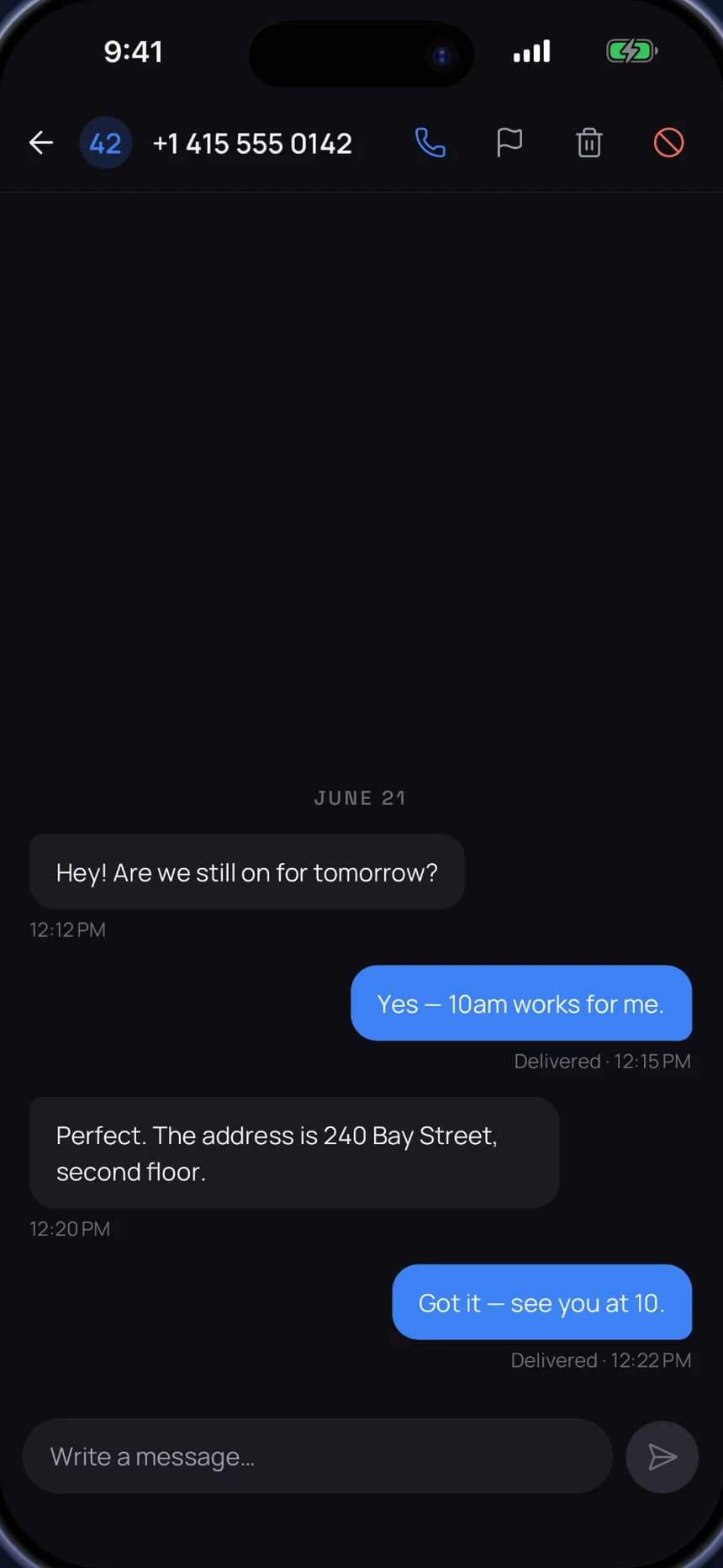 A text conversation in Second Phone Number