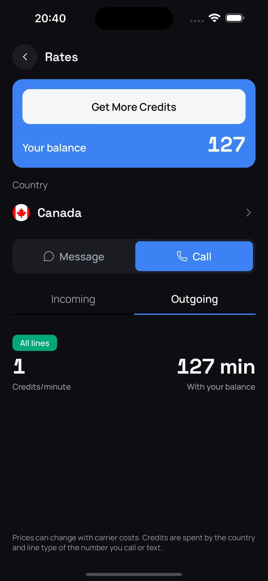 Rates screen showing credits per minute by country